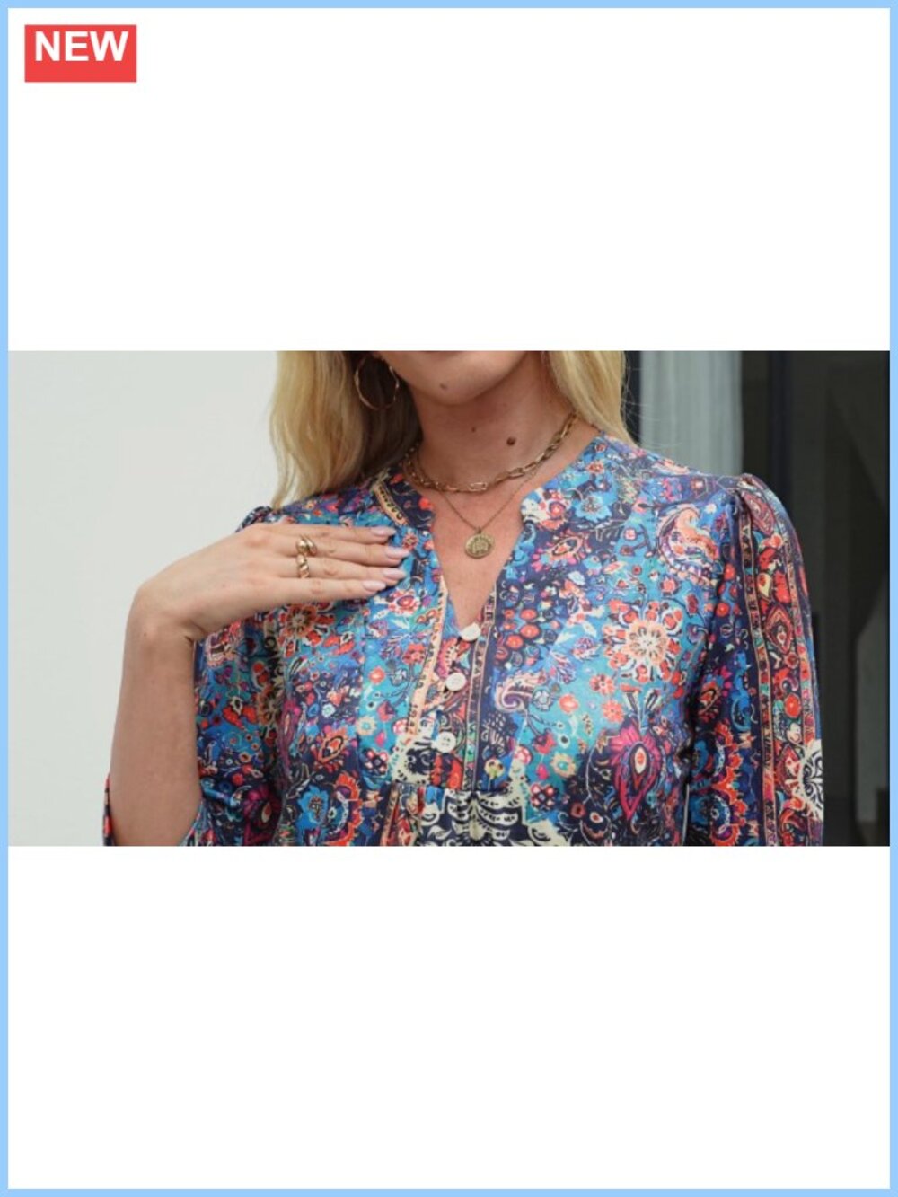 Womens 3/4 Sleeve Henley V-Neck Blouse Pleated Curved Hem - Picture 6 of 6